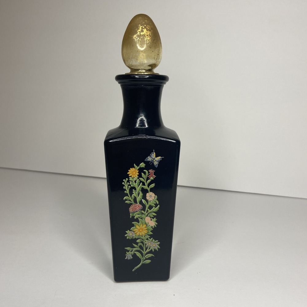 Vintage Avon Roses Roses Cologne Black Milk Glass Bottle Floral Butterfly Decal